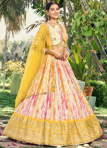 Chinon Zari Work Shibori Printed White And Yellow Haldi Lehenga Choli